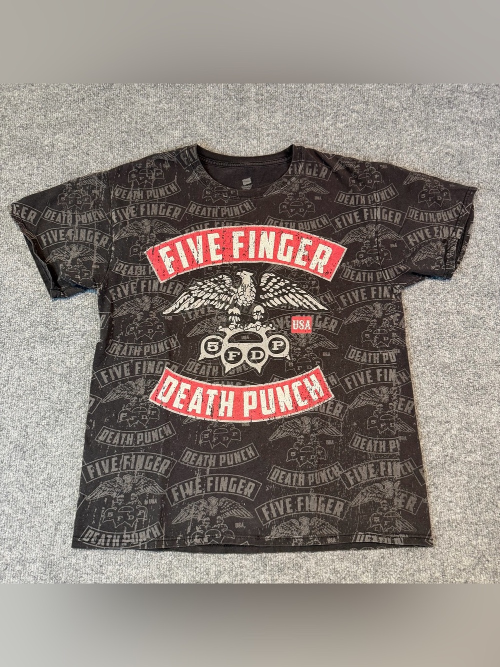 Five Finger Death Punch All Over Print Band T Shirt Black Distressed Mens Medium